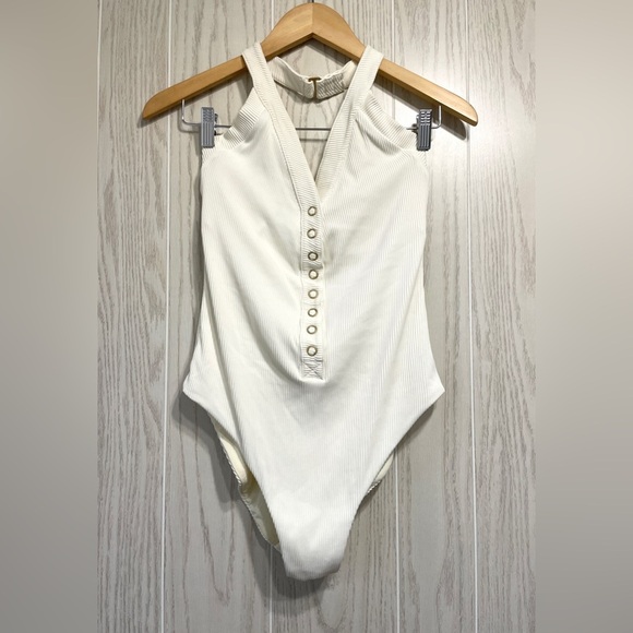 Dolce Vita Ribbed Button Down Cream One Piece Bathing Suit Size L EUC - Picture 4 of 6